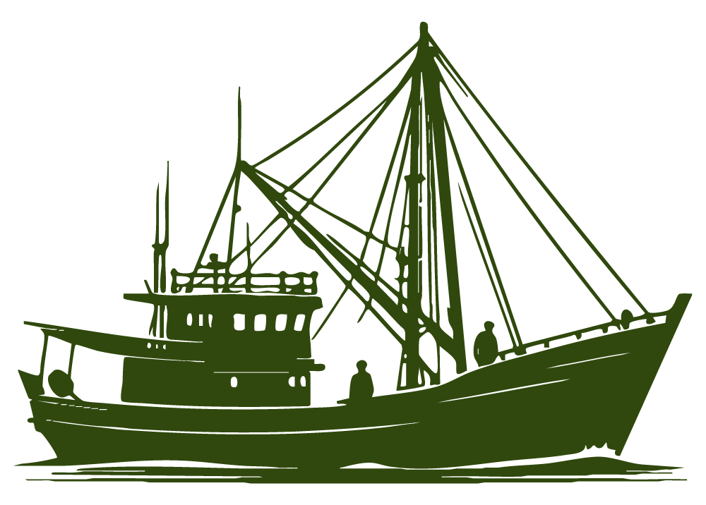 Silhouette of a fishing boat with two figures on board and rigging against a transparent background.