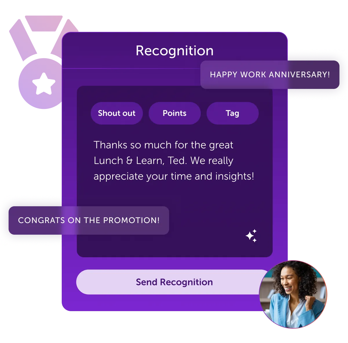 A purple card with a picture of a woman on it.