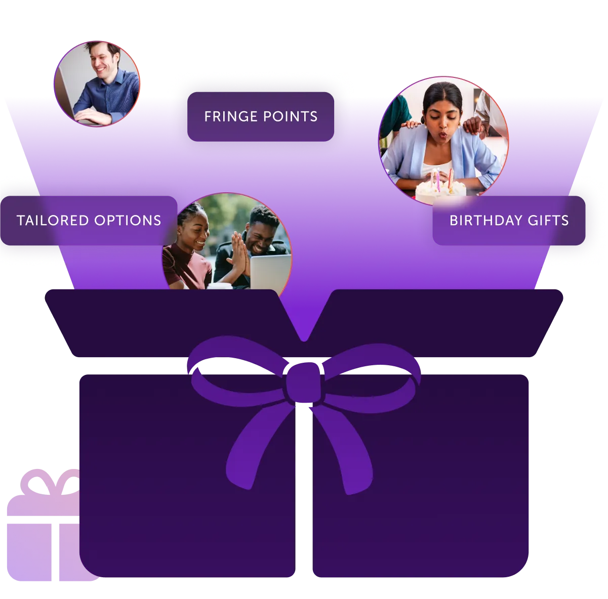 A purple gift box with pictures of people on it.