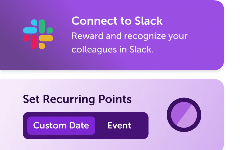A purple sign that says connect to slack reward and recognize your colleagues in slack.