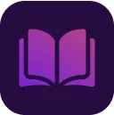 A purple book icon on a black background.