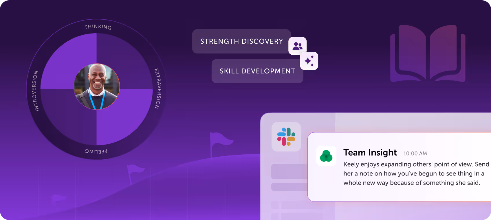 Illustration showing personality-based coaching, AI upskilling, and learning tools with progress charts and insights.
