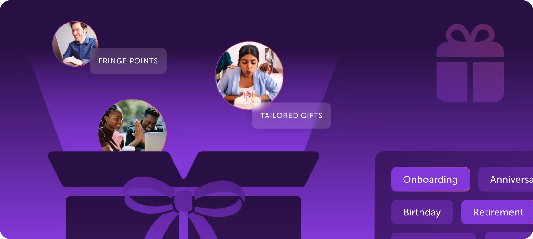 Illustration of employees exchanging gifts and rewards for milestones such as onboarding, birthdays, and anniversaries.