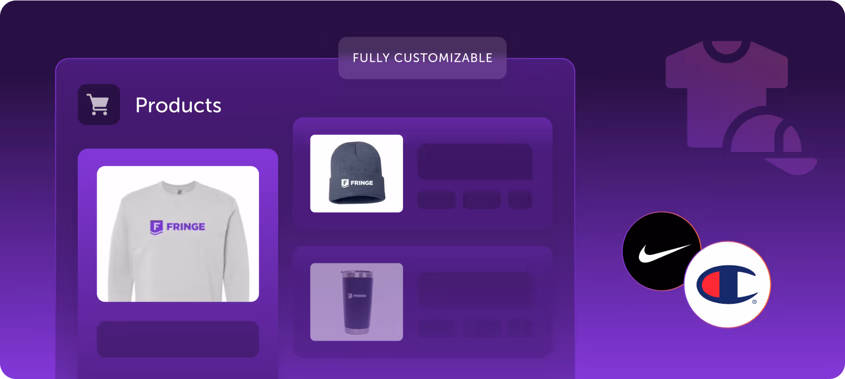 Display of customizable company-branded merchandise like shirts, hats, and bottles, with Nike and Champion logos.