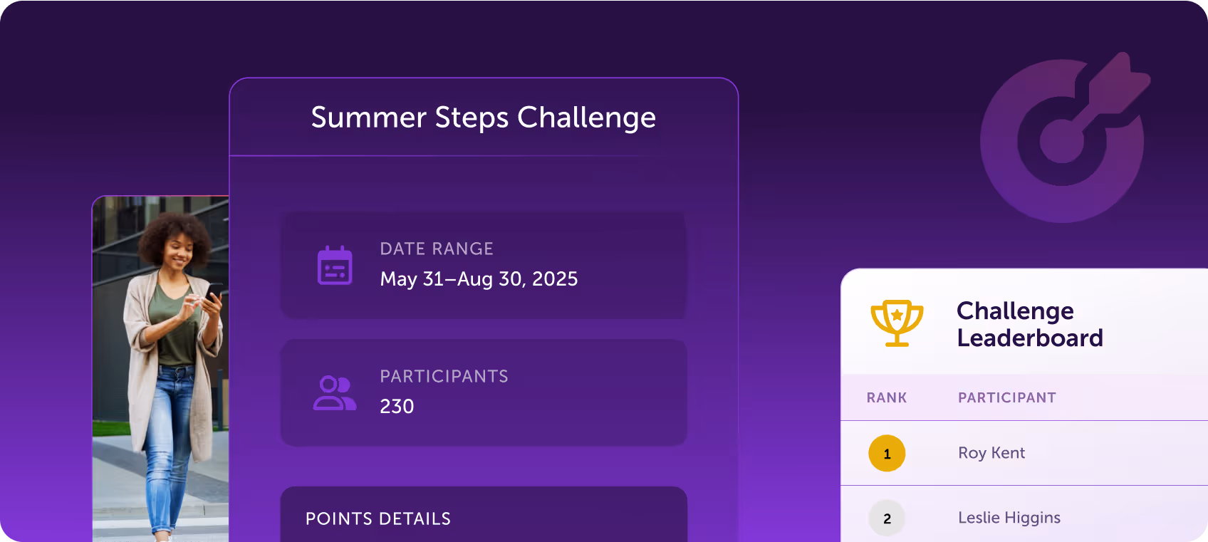Dashboard showing a company wellness challenge with leaderboard and participant details, featuring a woman walking and tracking progress.