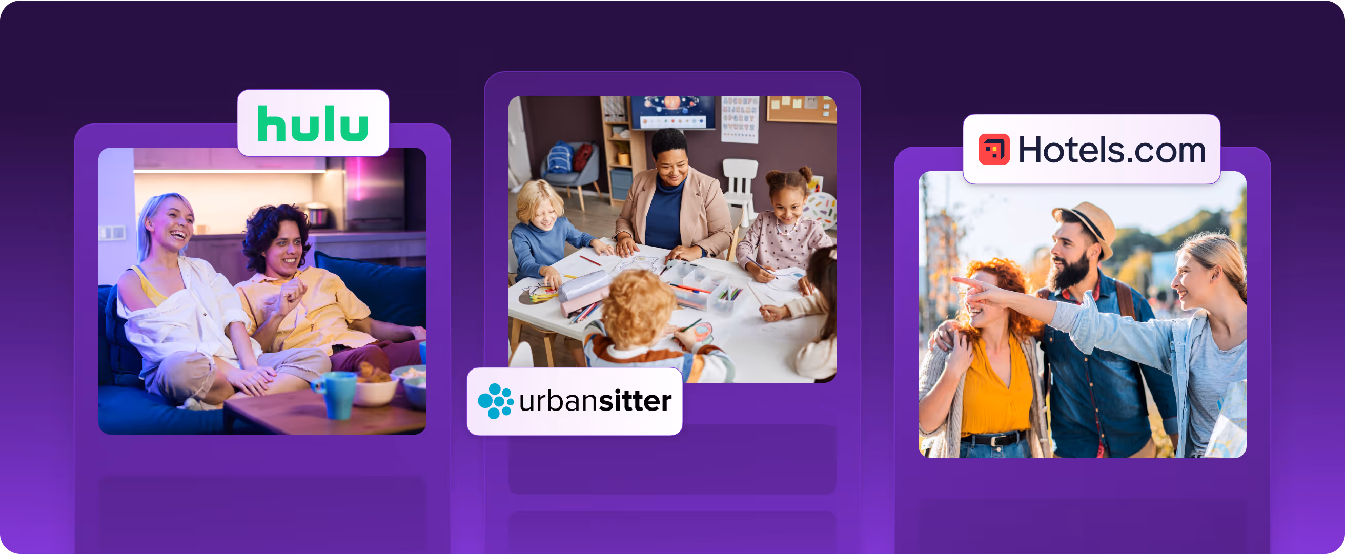 People enjoying leisure activities — watching TV, childcare, and traveling — with Hulu, UrbanSitter, and Hotels.com logos displayed.