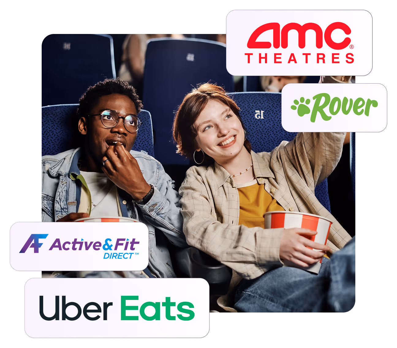 Two people enjoying movie night and food delivery perks, with brand logos AMC Theatres, Rover, Active&Fit Direct, and Uber Eats.