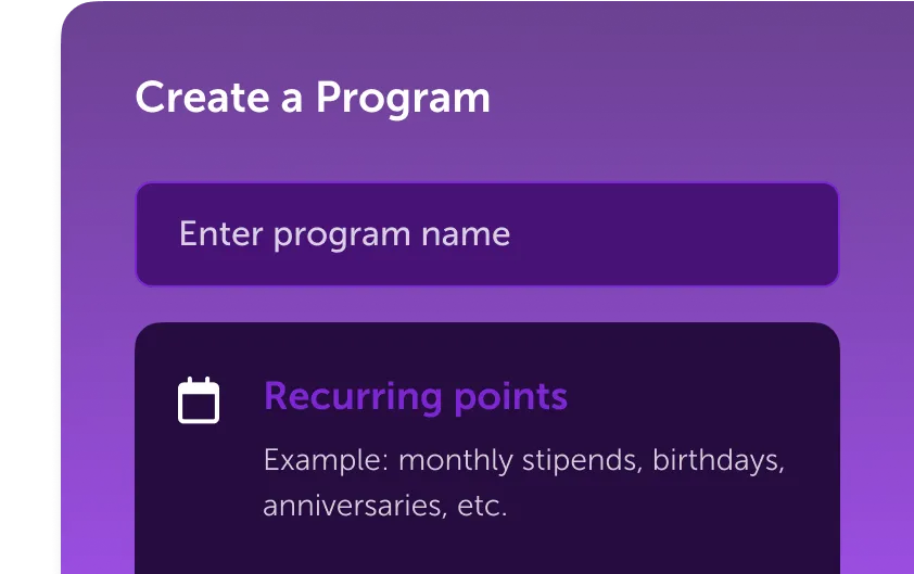 Interface view of a program creation tool showing recurring points setup for employee rewards.
