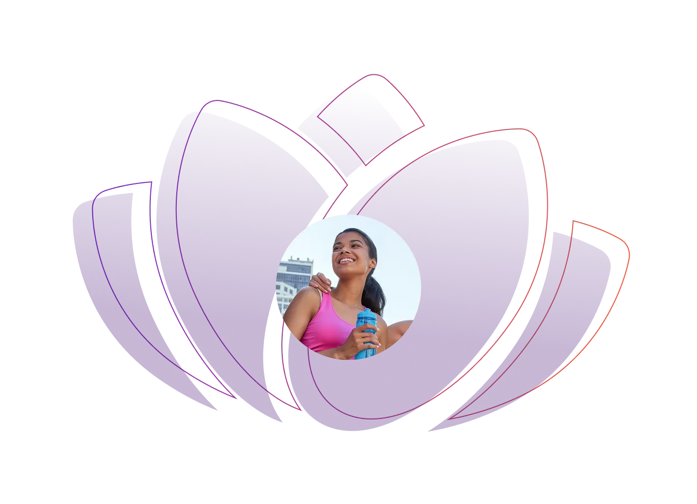 Woman in workout clothes smiling and holding a water bottle, representing wellness and balance.