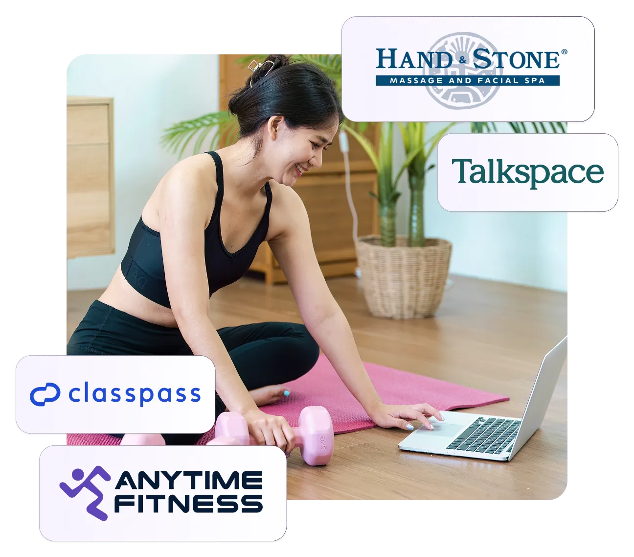 Woman doing yoga at home with laptop, surrounded by ClassPass, Anytime Fitness, Hand & Stone, and Talkspace logos.