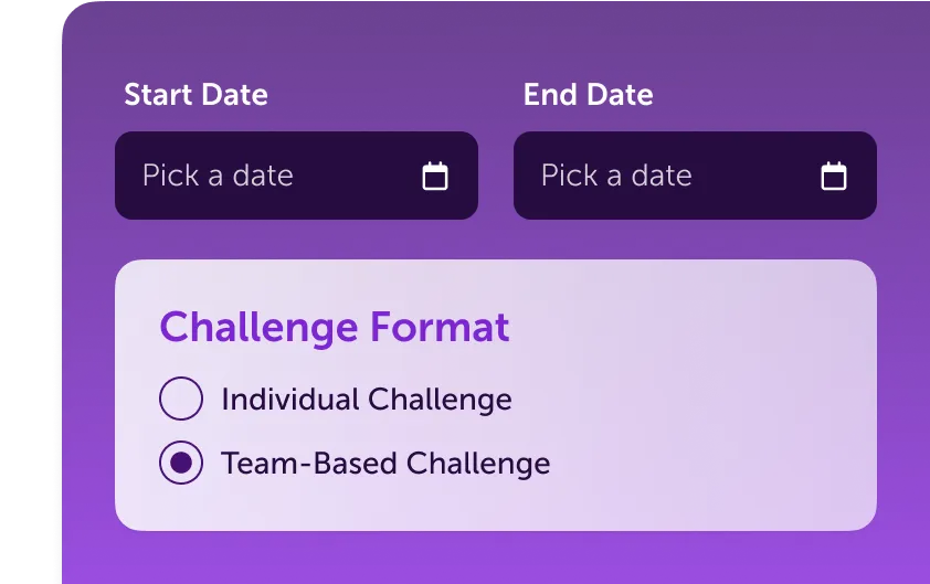 Interface for setting start and end dates and selecting challenge format options.