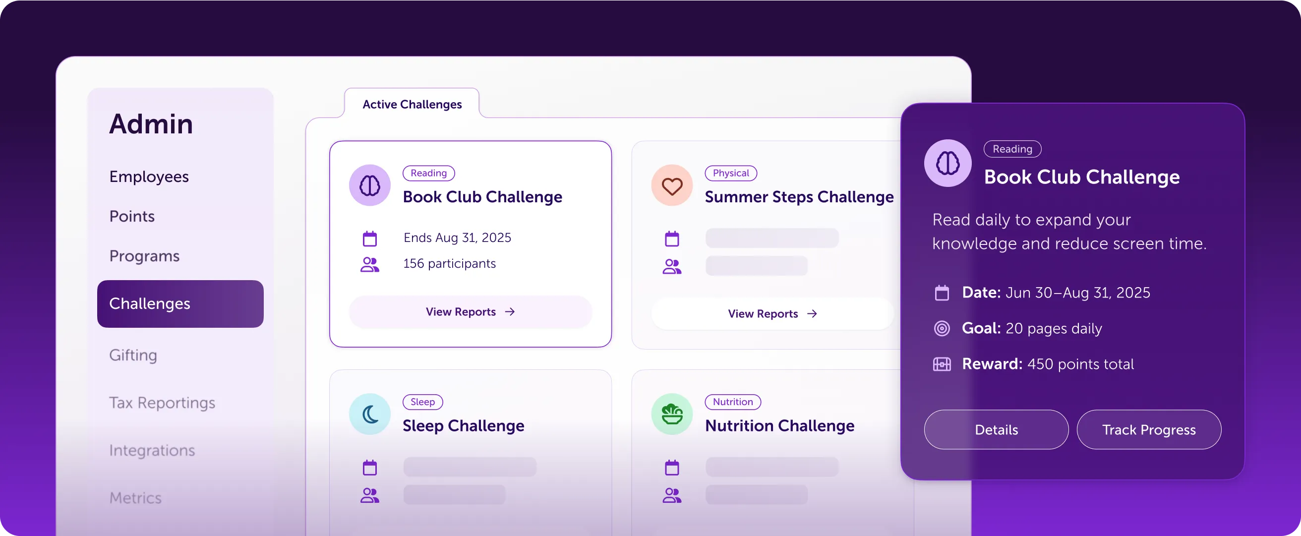 Admin dashboard displaying active challenges such as Book Club, Summer Steps, Sleep, and Nutrition programs.