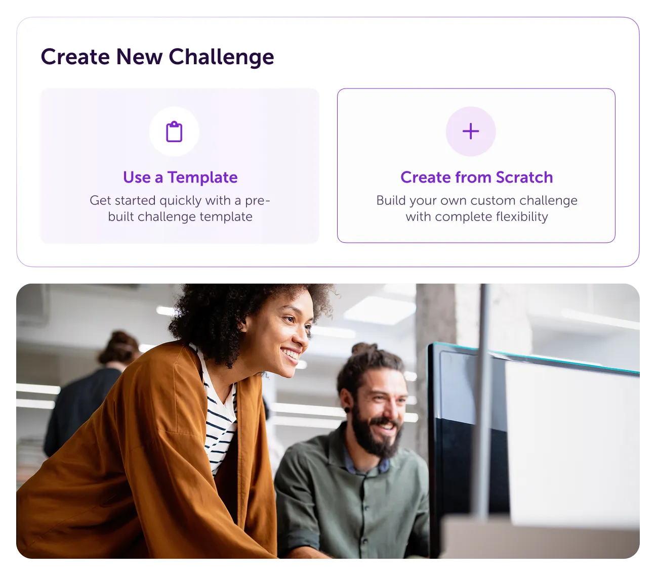 Coworkers smiling while creating a new challenge with options to use a template or start from scratch.