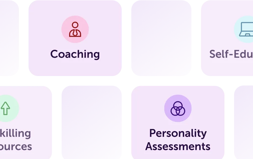 Interface showing options for Coaching and Personality Assessments in a development program.
