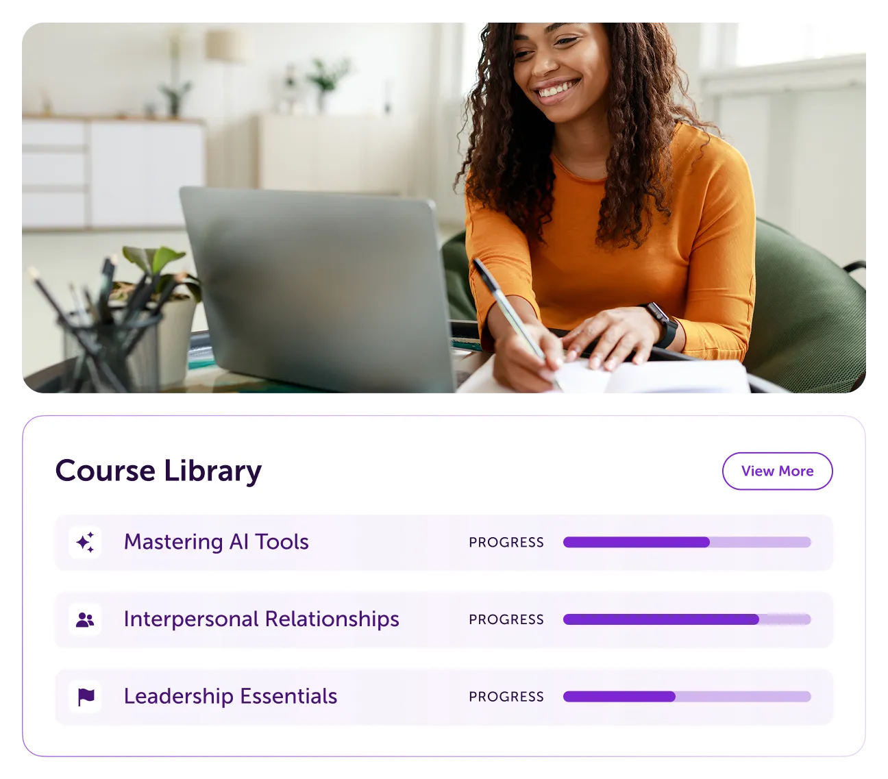 Woman studying online with a course library featuring progress on AI, leadership, and communication skills.