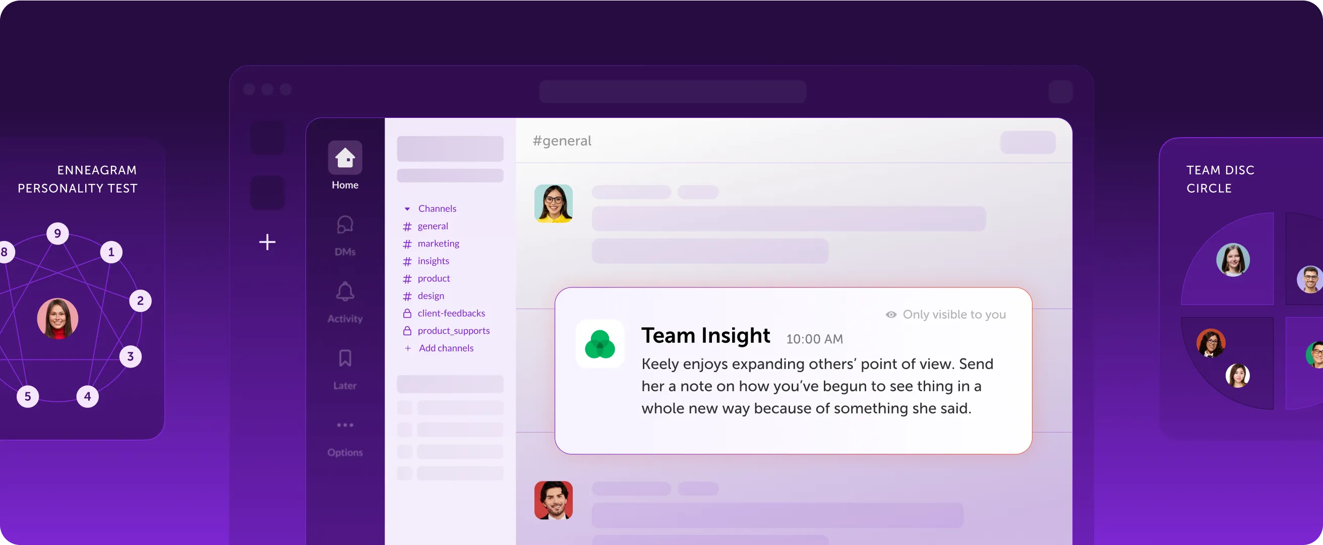 Digital workspace view showing team insights and personality test visuals for employee collaboration and feedback.