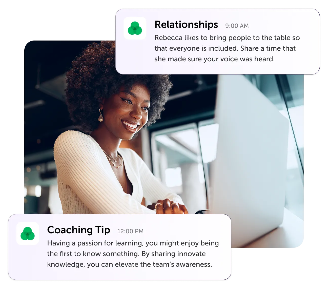 Woman smiling while using a laptop, with on-screen coaching and relationship messages promoting personal growth.
