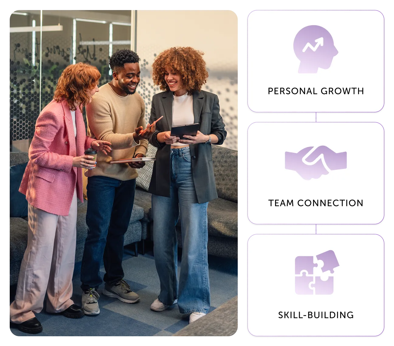 Three colleagues collaborating and smiling, next to icons for personal growth, team connection, and skill-building.