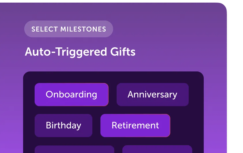 Auto-triggered gifts menu displaying milestones like onboarding, anniversary, birthday, and retirement.