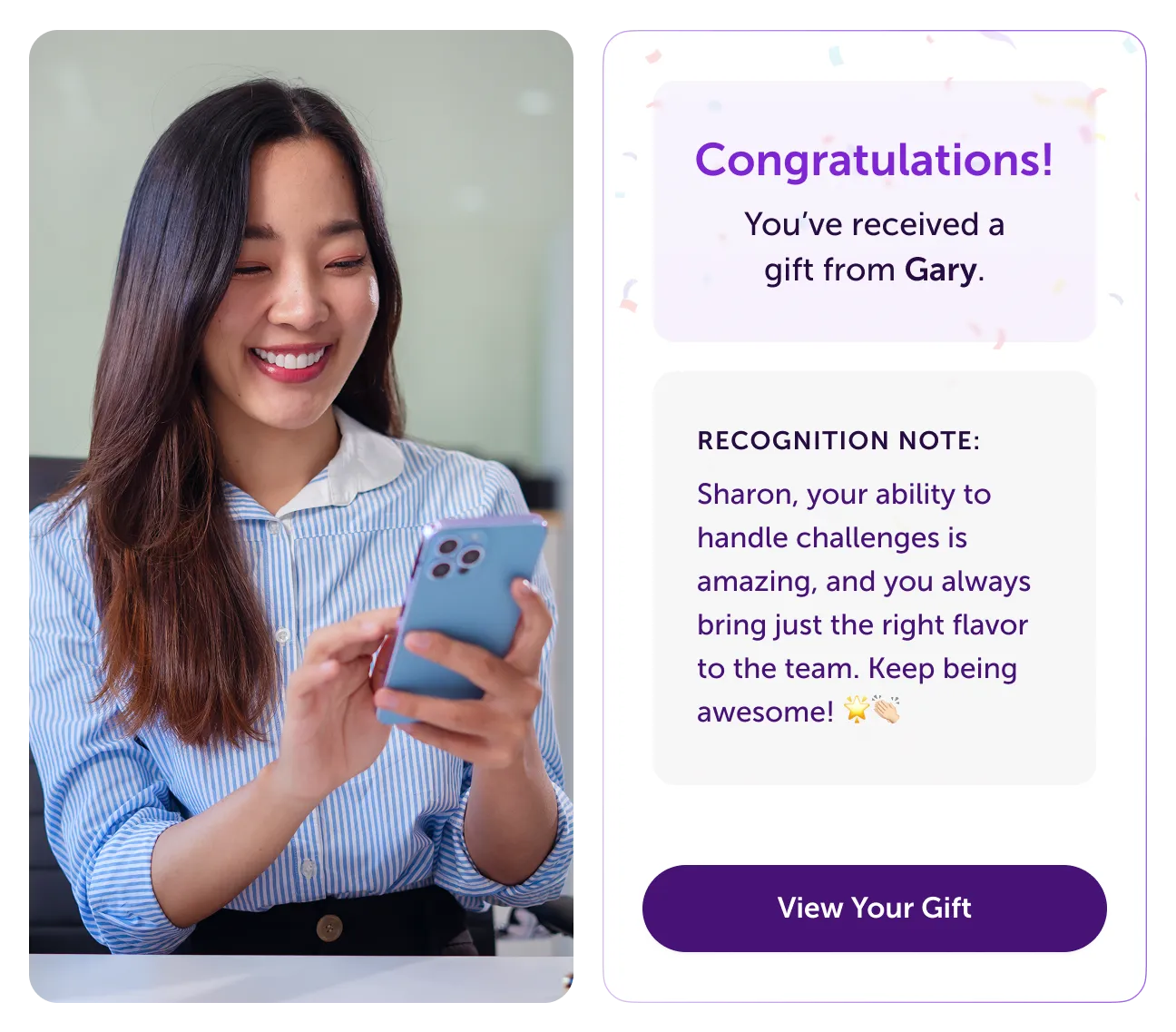 Woman smiling while reading a congratulatory gift message from a colleague on her phone.