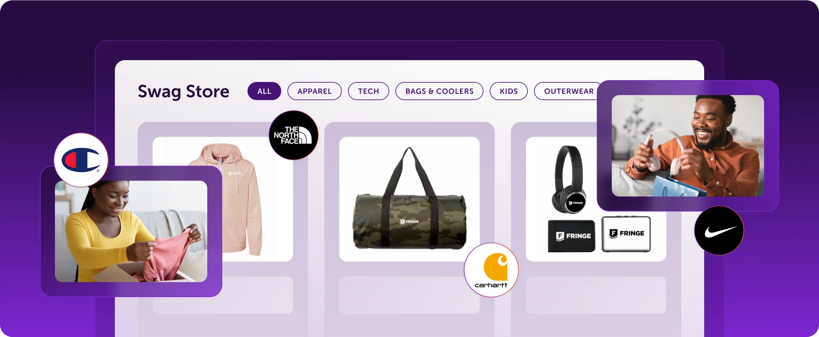 Digital swag store with branded products from Nike, Carhartt, The North Face, and Fringe merchandise.