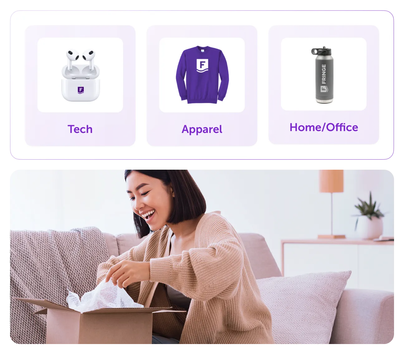 Woman opening a gift box at home, with categories for tech, apparel, and office items displayed above.