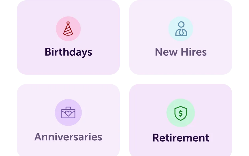 Grid of celebration categories including birthdays, new hires, anniversaries, and retirement.
