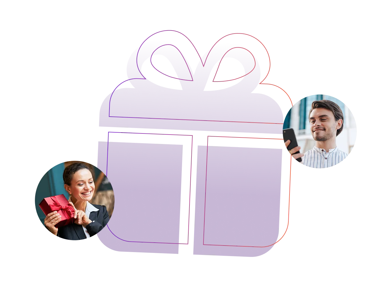 Woman smiling while holding a red gift box and man checking his phone with a gift illustration in the background.