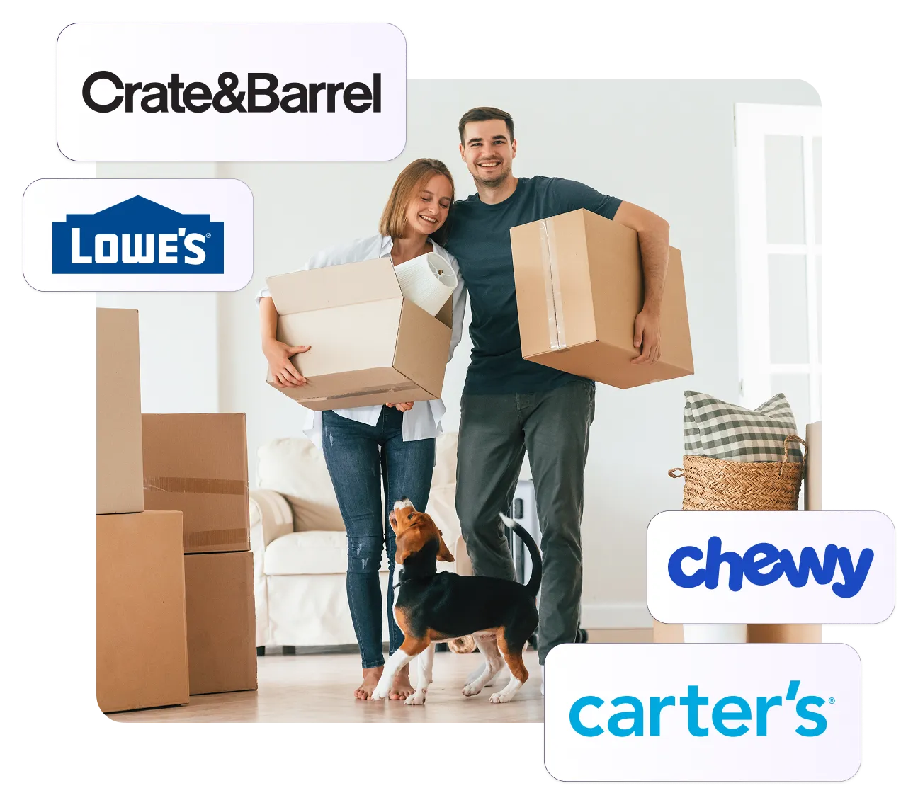 Couple unpacking moving boxes with their dog surrounded by brand logos like Lowe’s, Chewy, and Crate & Barrel.