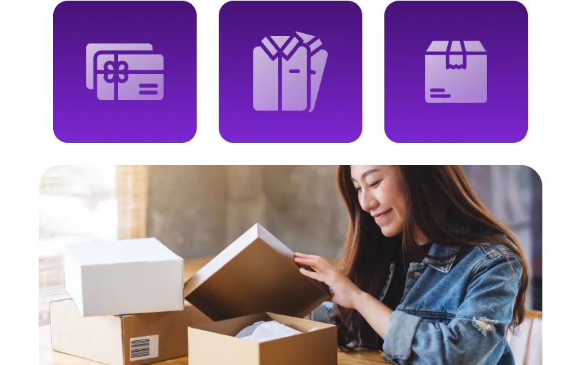Woman happily opening a gift box with icons representing gift cards, apparel, and packages above.
