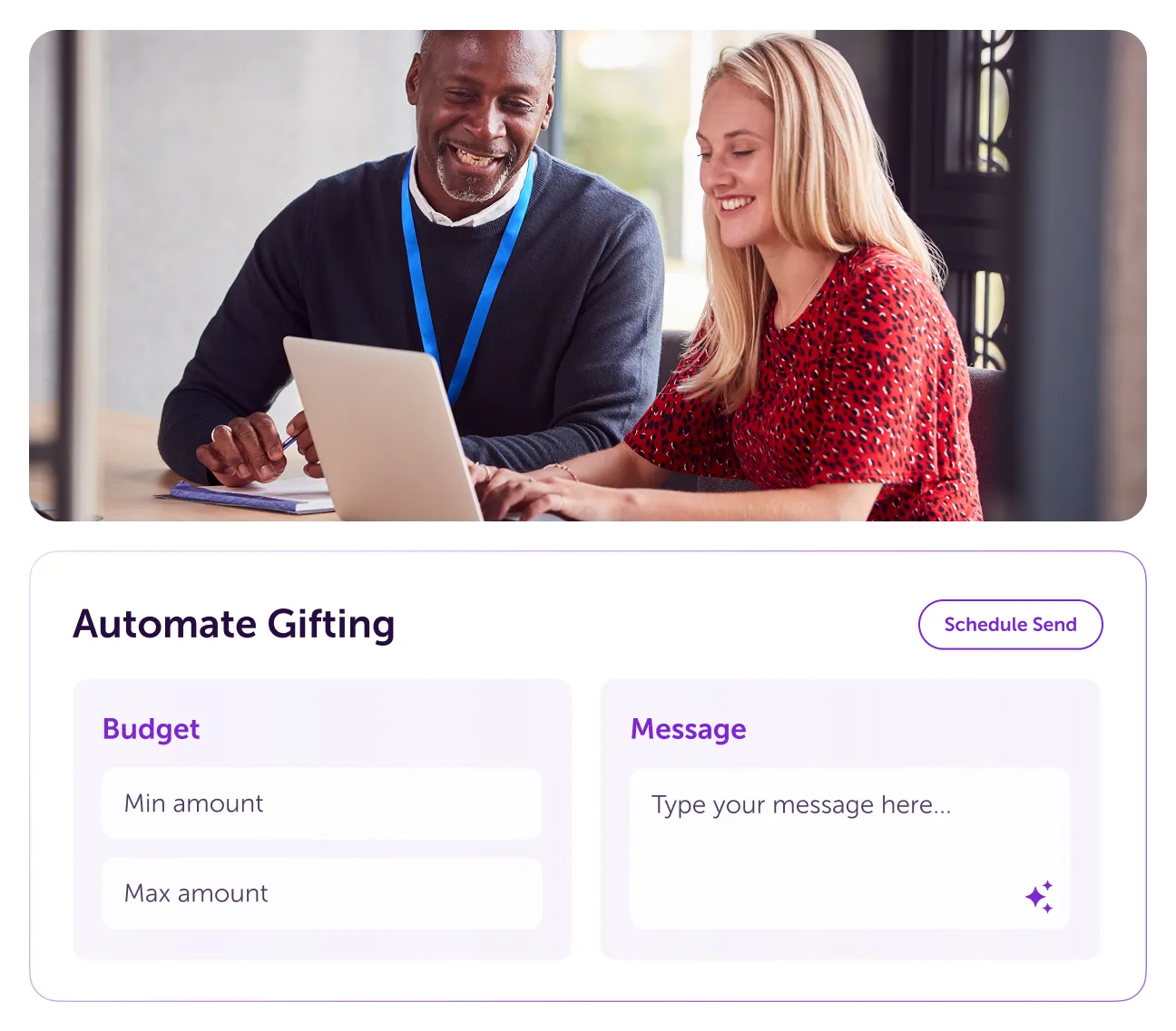 Two coworkers smiling while scheduling automated gifting options on a laptop.