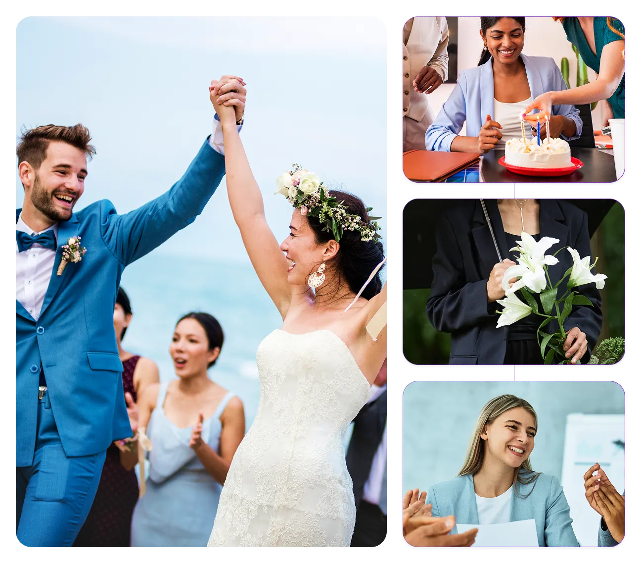Collage of people celebrating life moments — wedding, birthday, flowers, and office appreciation.