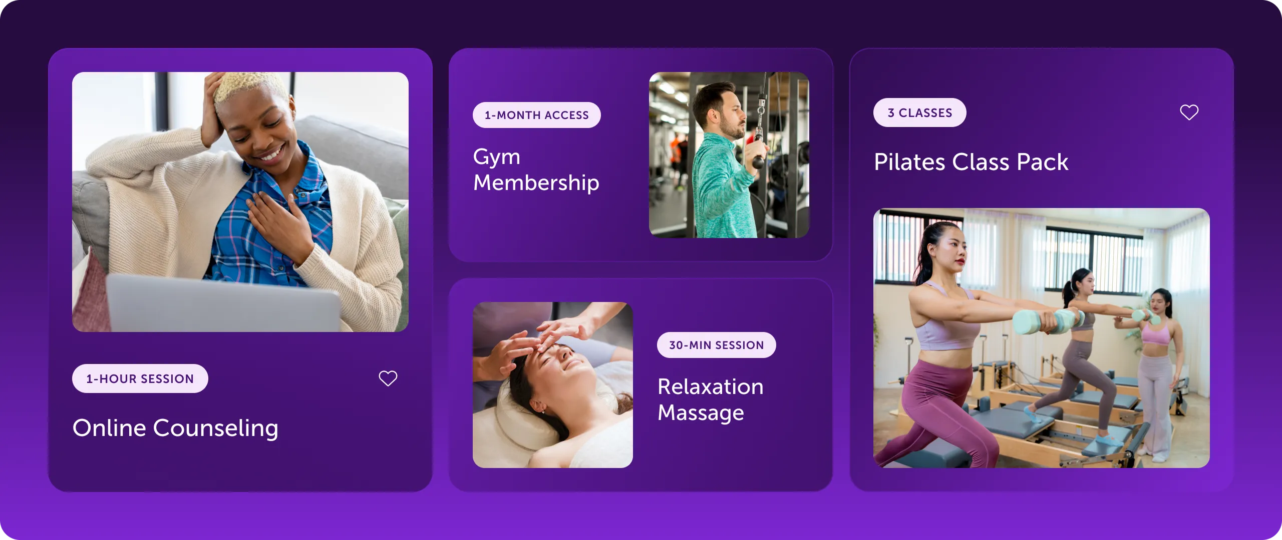 Grid of wellness options — online counseling, gym membership, massage, and Pilates classes promoting self-care.