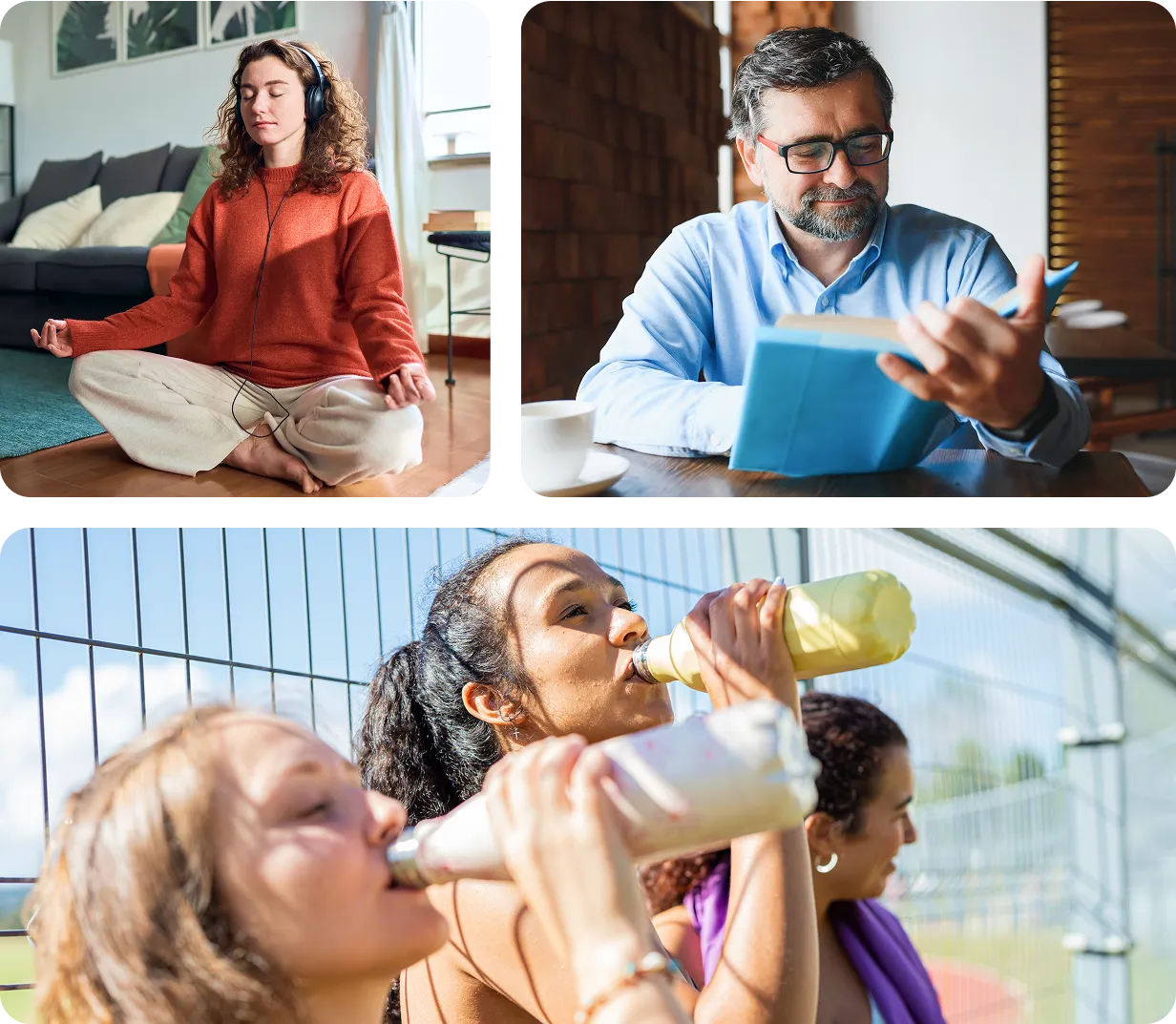 A collage of photos of a man and a woman drinking from bottles.