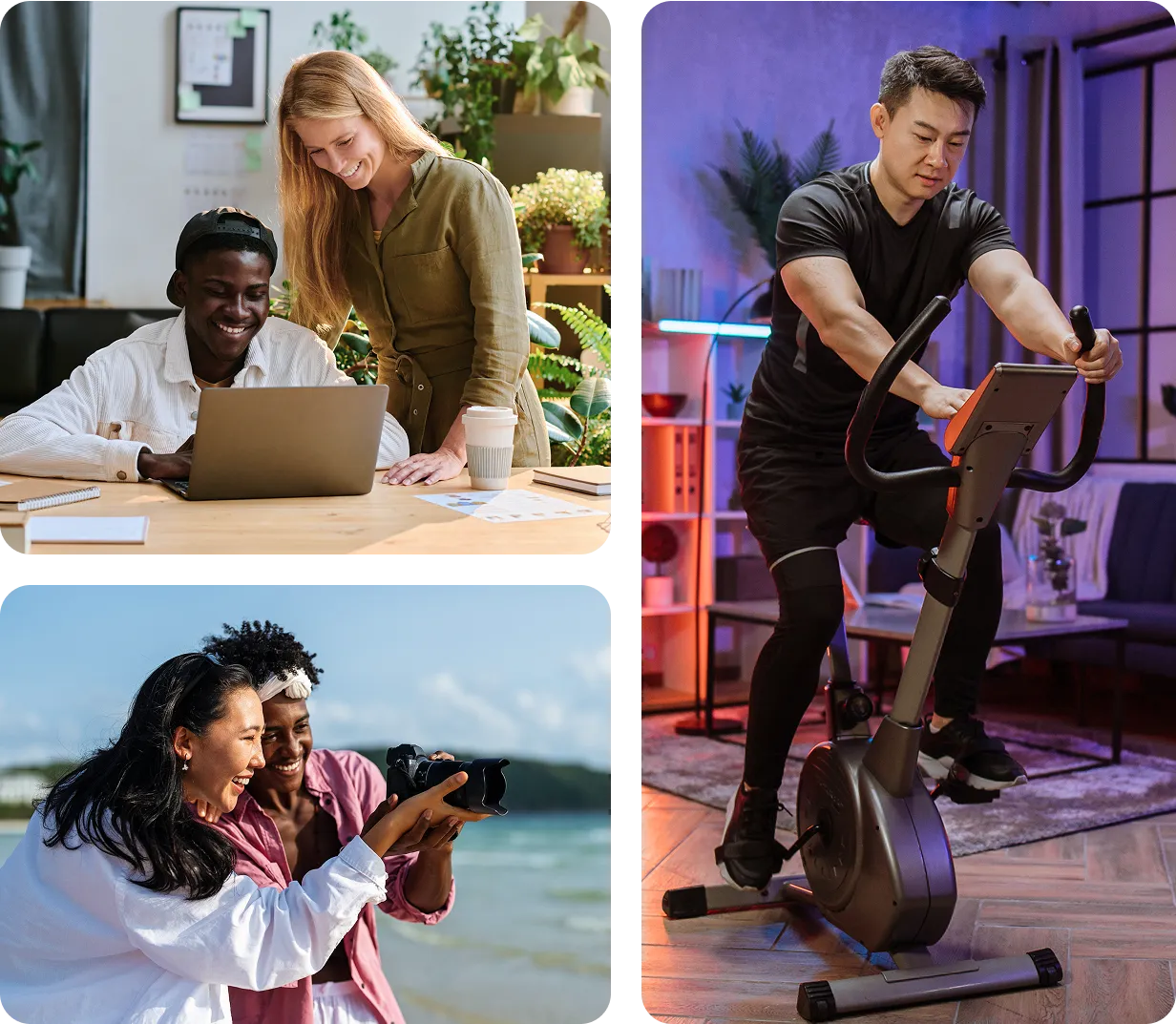 A collage of photos of a man and a woman on exercise bikes.