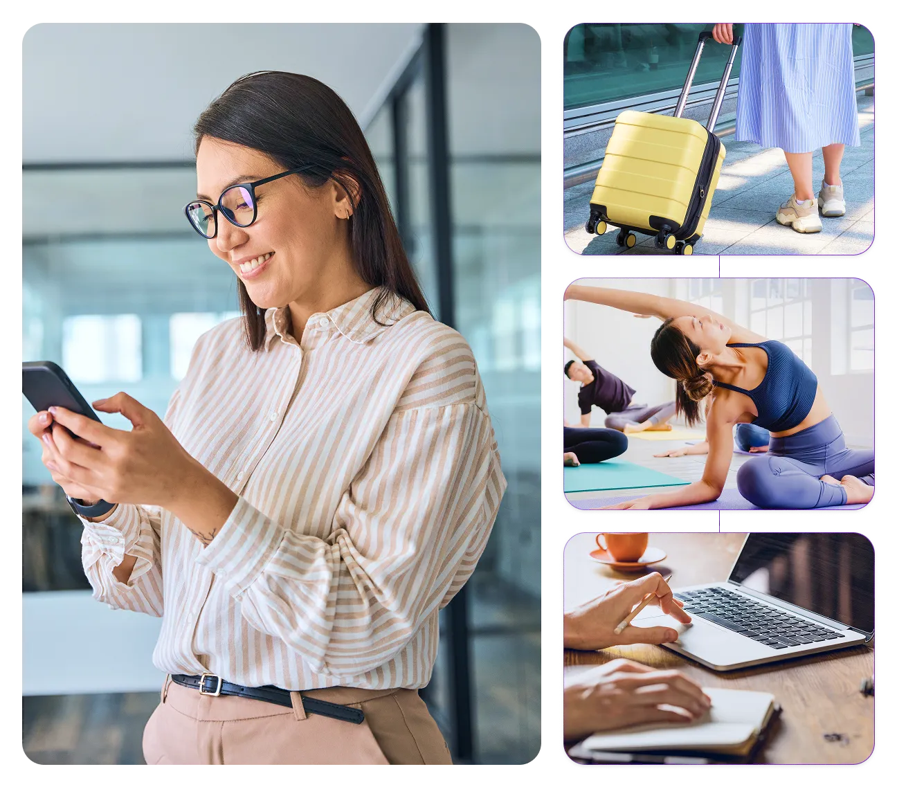 A collage of photos of a woman using a cell phone.