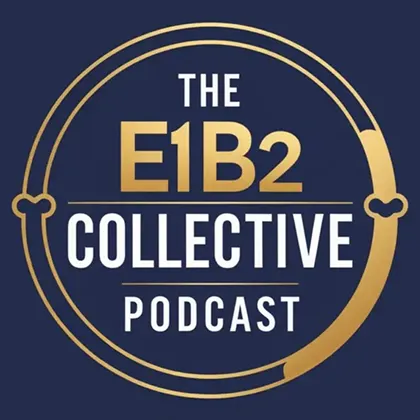 Logo of The E1B2 Collective Podcast with gold and white text inside a gold circular outline on a dark blue background.