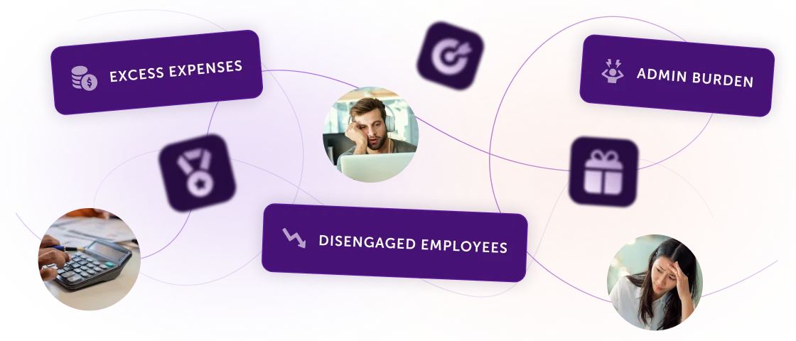 Graphic showing business challenges: excess expenses, disengaged employees, and admin burden with related icons and photos of worried people.