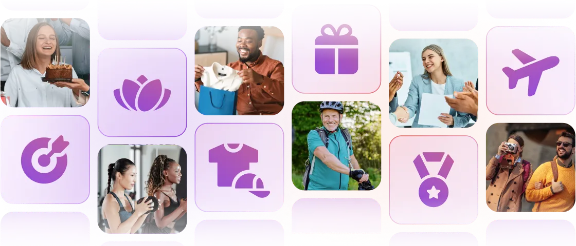 Graphic showing business challenges: excess expenses, disengaged employees, and admin burden with related icons and photos of worried people.