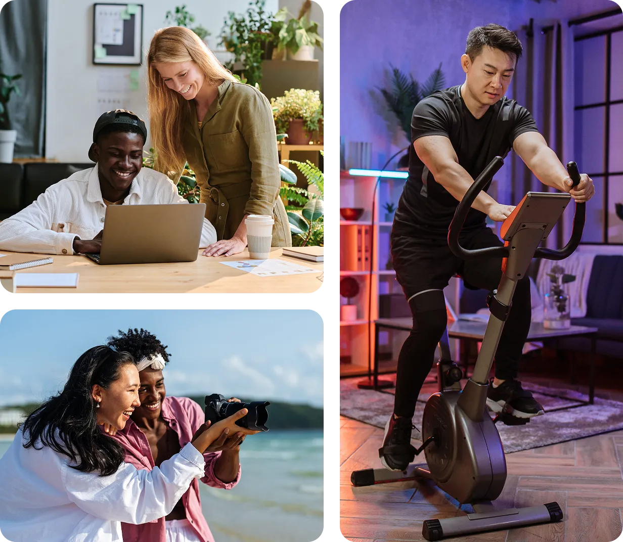 Collage of three images: two people smiling and working on a laptop indoors, a man exercising on a stationary bike in a living room, and two friends smiling and looking at a camera on a beach.