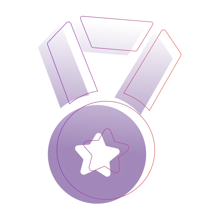 Purple medal with a cutout star in the center and abstract ribbon shapes above it.