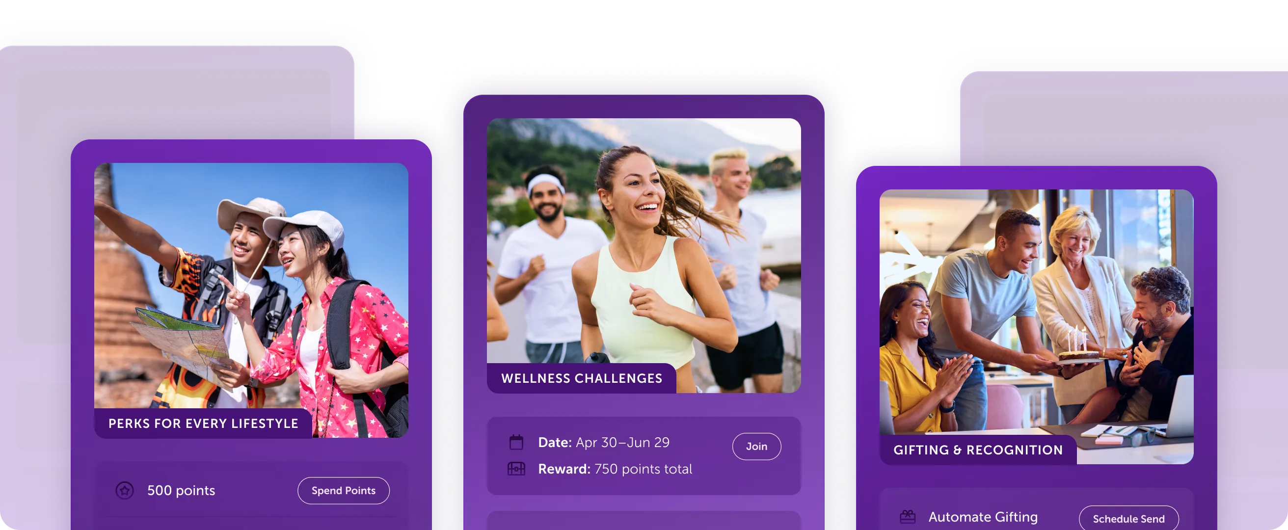 Three panels showing lifestyle perks, wellness challenges with people jogging, and gifting & recognition with a group celebrating a birthday.