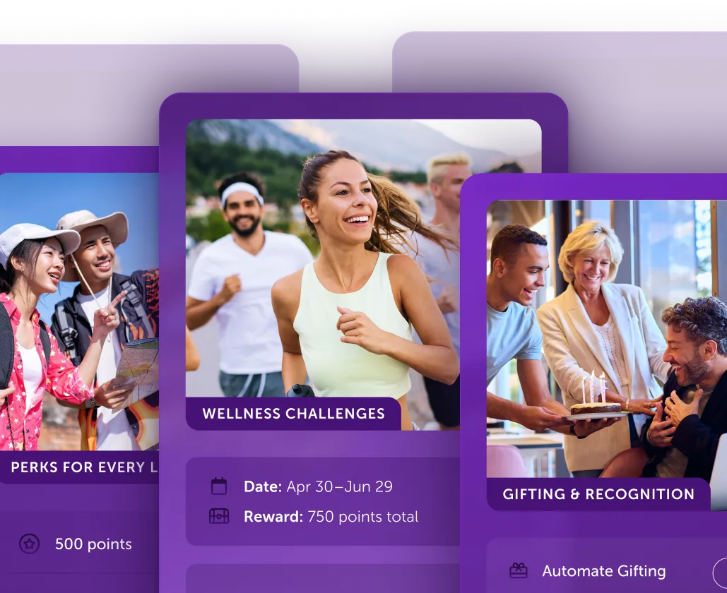 Three panels showing lifestyle perks, wellness challenges with people jogging, and gifting & recognition with a group celebrating a birthday.