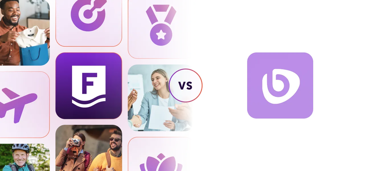 Collage comparing two employee recognition platforms with logos and images of smiling people and icons representing rewards.