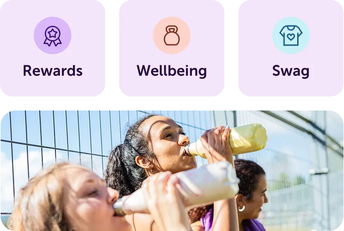 Three women drinking from bottles outdoors near a fence, above icons labeled Rewards, Wellbeing, and Swag.