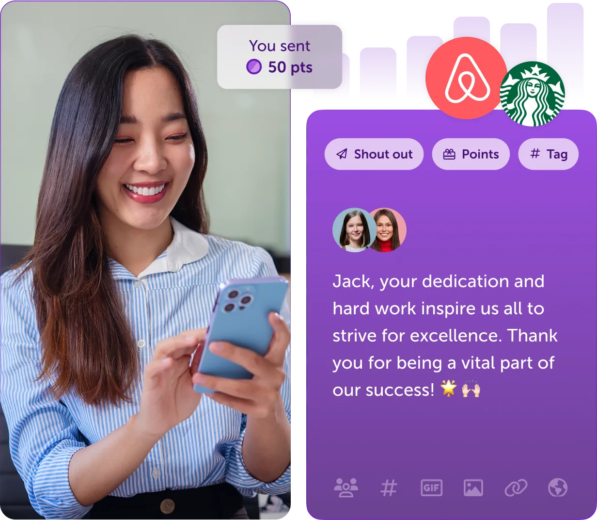 Smiling woman using smartphone next to app screen showing a message praising Jack's dedication and 50 points sent, with icons for Airbnb and Starbucks.