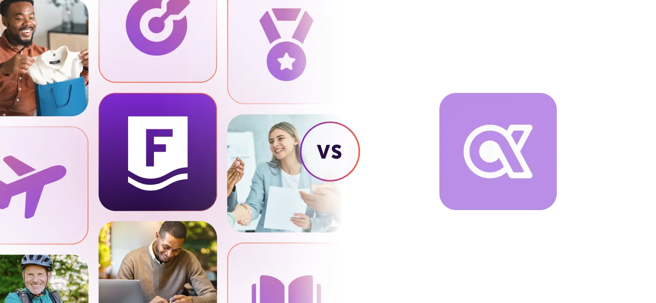 Collage comparing two employee recognition platforms with logos and images of smiling people and icons representing rewards.