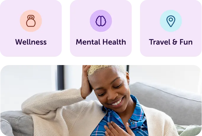 Three rounded icons labeled Wellness with a kettlebell, Mental Health with a brain, and Travel & Fun with a location pin above a smiling woman sitting on a couch with her hand on her chest.