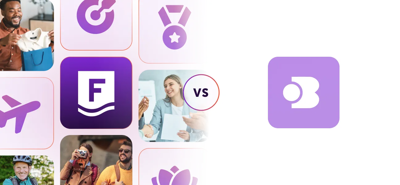 Collage comparing two employee recognition platforms with logos and images of smiling people and icons representing rewards.