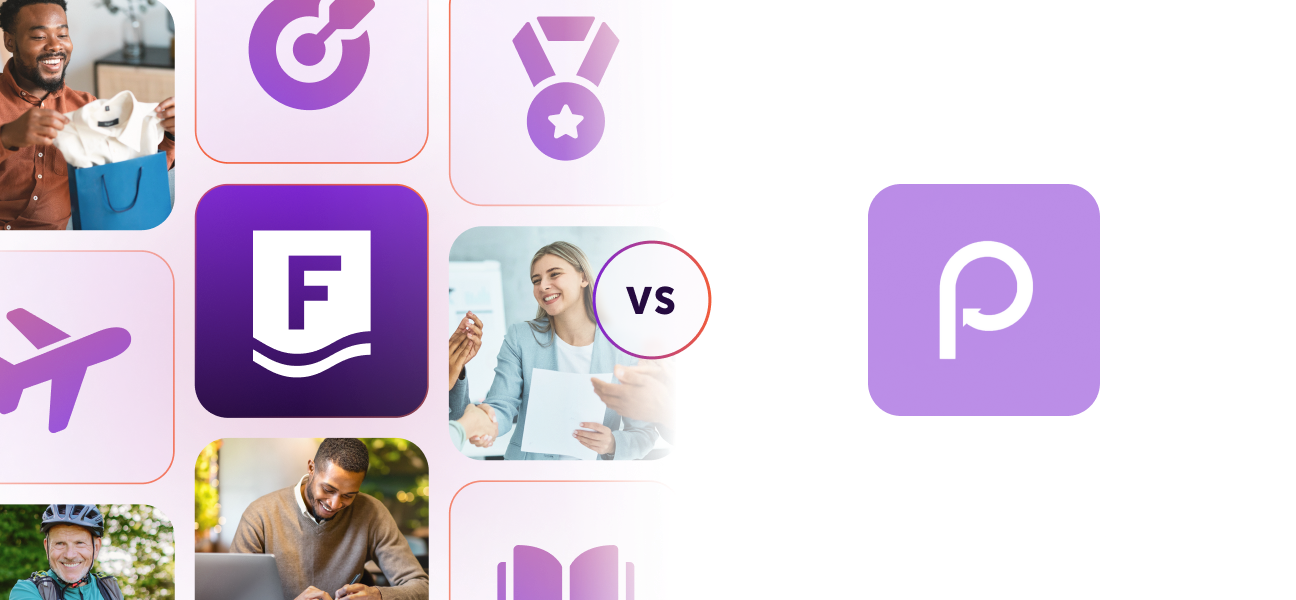 Collage comparing two employee recognition platforms with logos and images of smiling people and icons representing rewards.